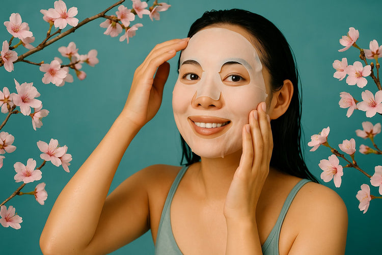 Smiling Asian woman wearing a sheet mask surrounded by cherry blossoms, representing Japanese face mask skincare in a calm and natural setting